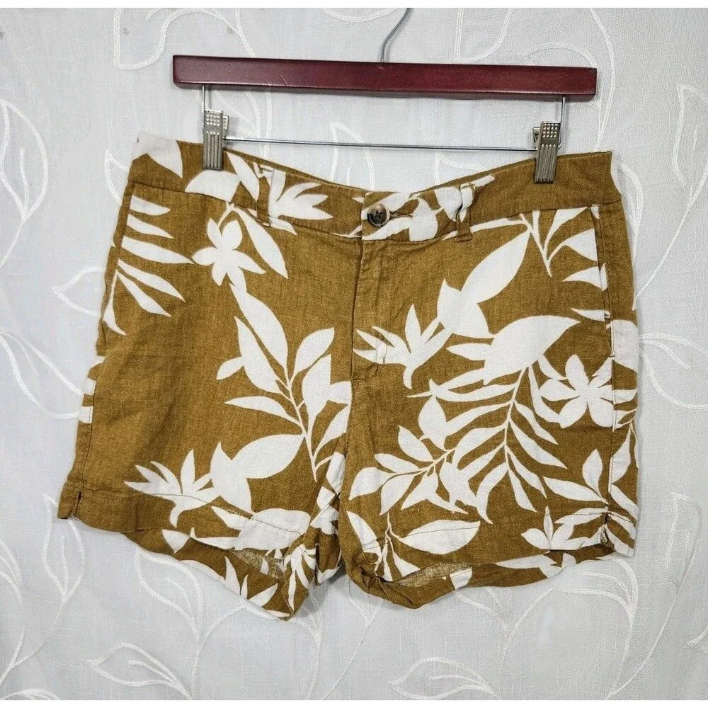 Old Navy Shorts Floral Palm Linen Blend Women 10 Beach Tropical